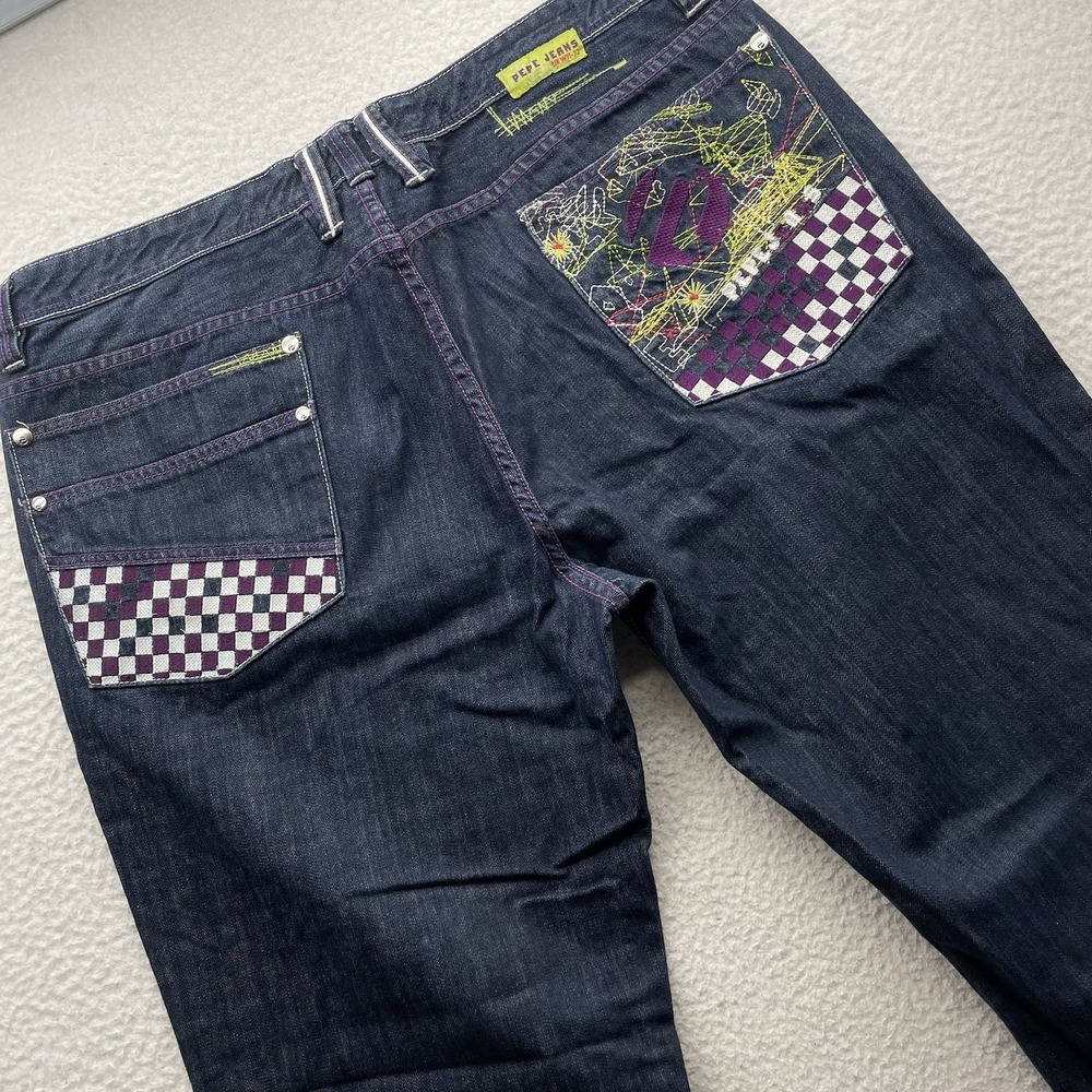 VTG Pepe Jeans Mens 42x33 UK W11-73 Baggy Wide Leg Embroidered Y2K Retro Hip Hop